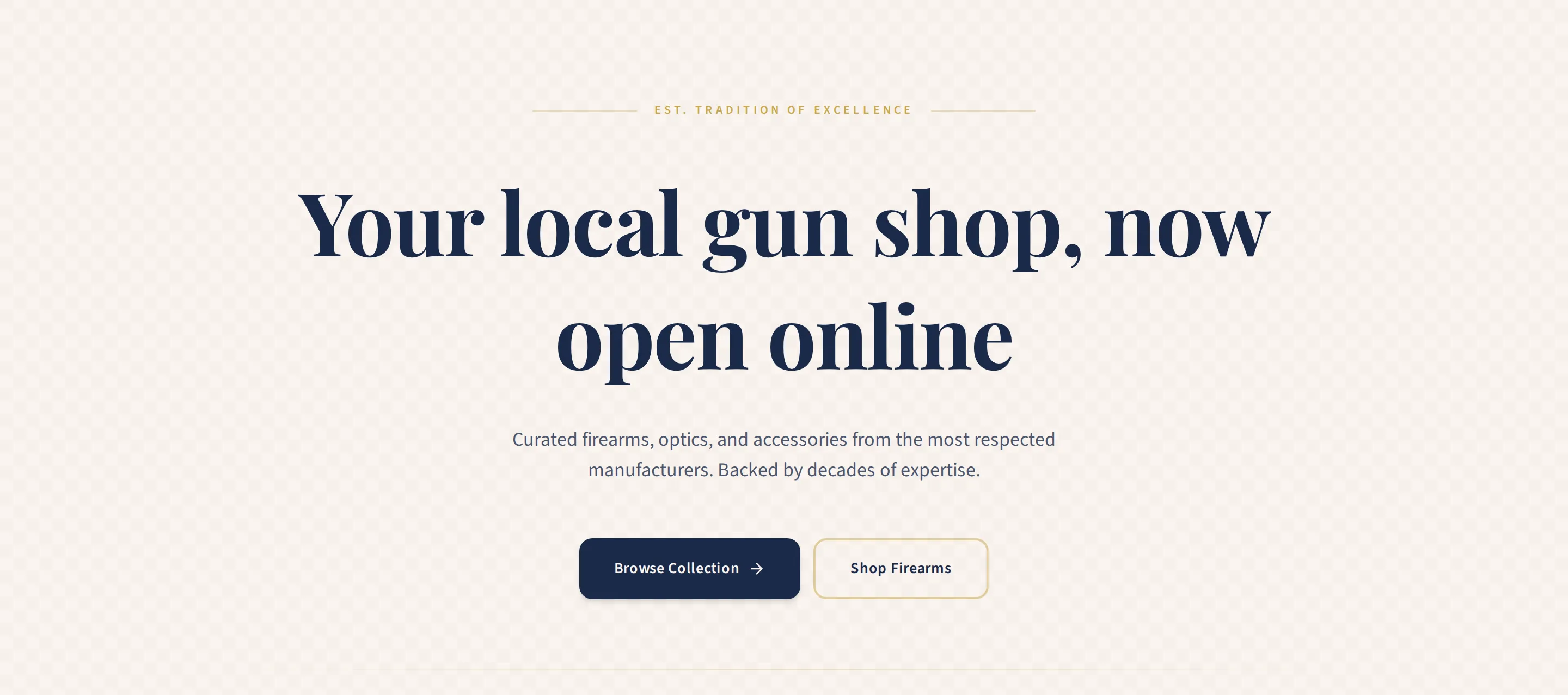 A Design Assistant draft of a gun shop homepage with the headline Your local gun shop, now open online, in preview before it goes live