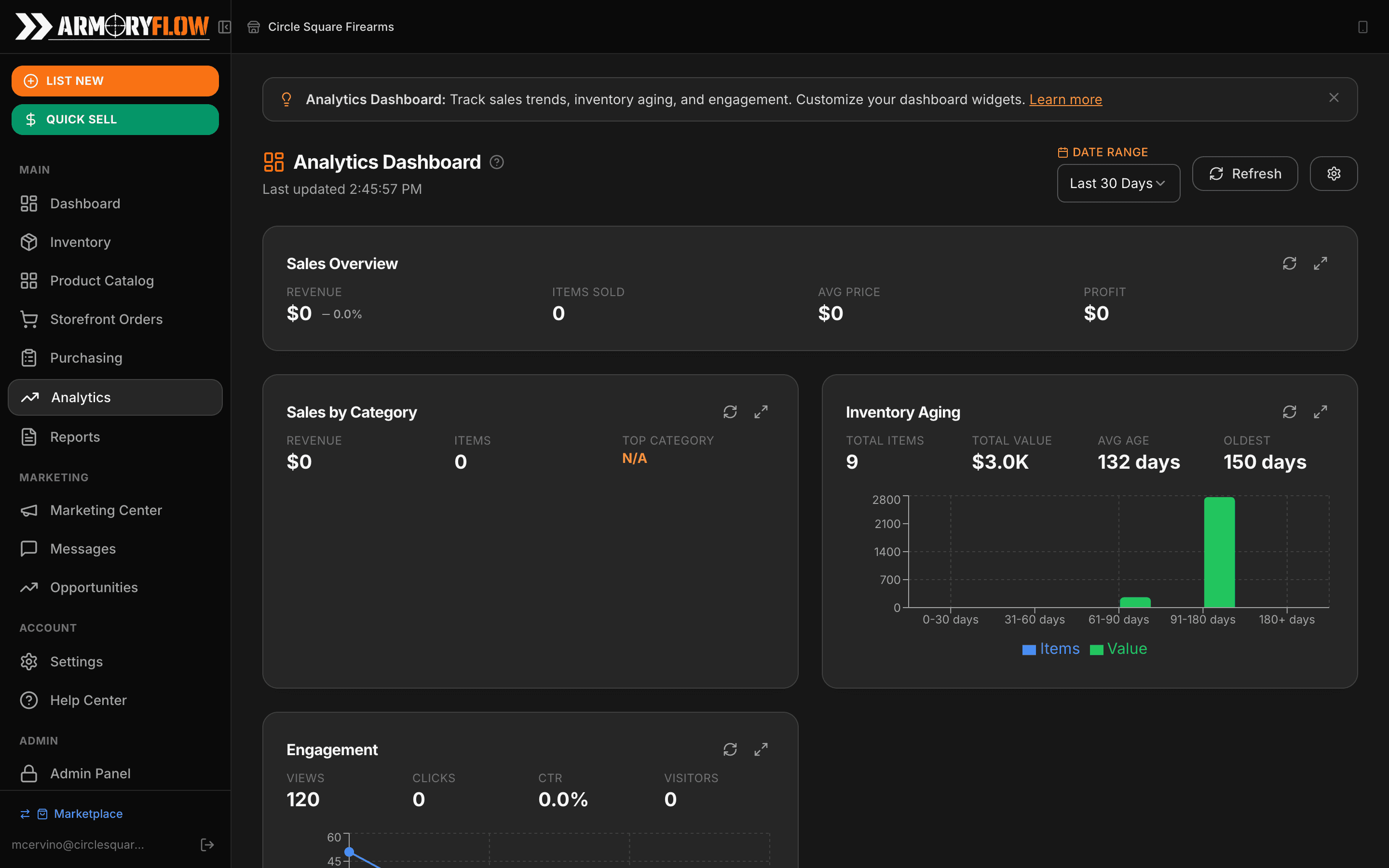 ArmoryFlow Analytics Dashboard with sales overview and inventory aging
