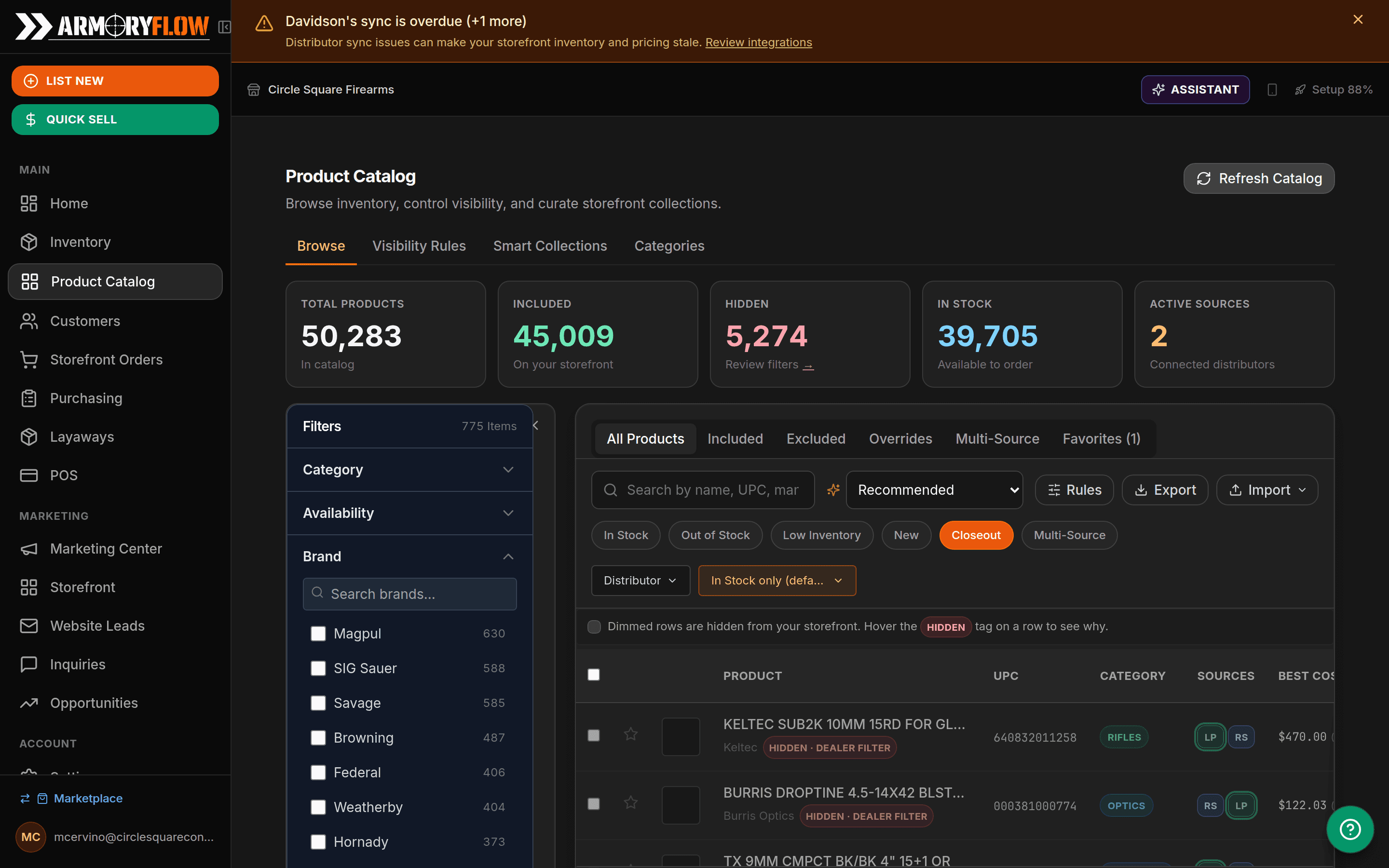Distributor catalog of 60,000+ products merged into the dealer's inventory list, searchable from the same box