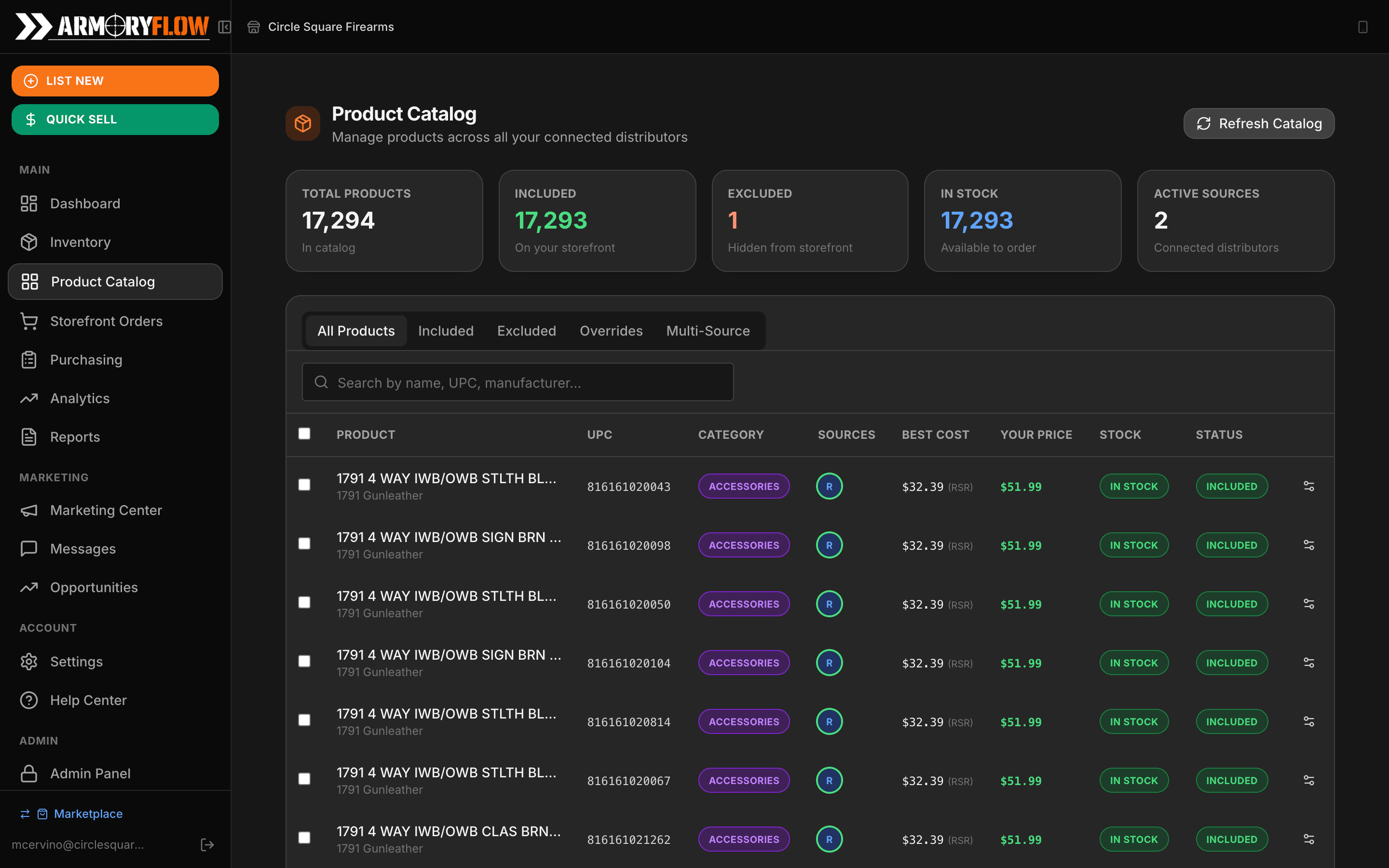 Unified catalog search across all connected distributors with auto-narrowing facets