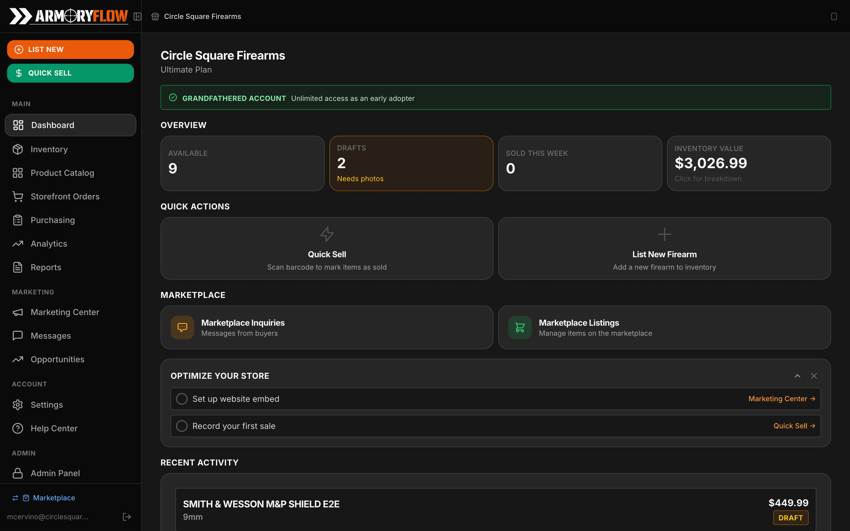 Dashboard with inventory value and profitability metrics