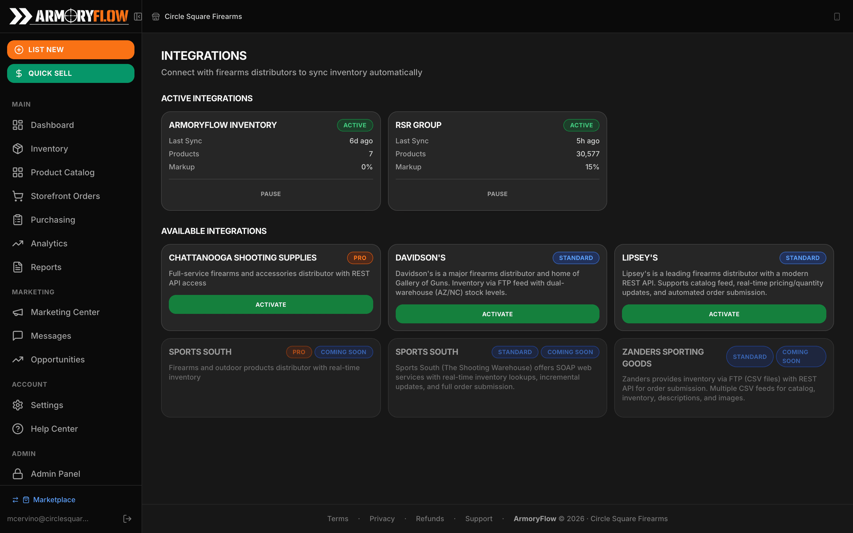 ArmoryFlow distributor integrations with RSR, Davidson's, Lipseys, and more