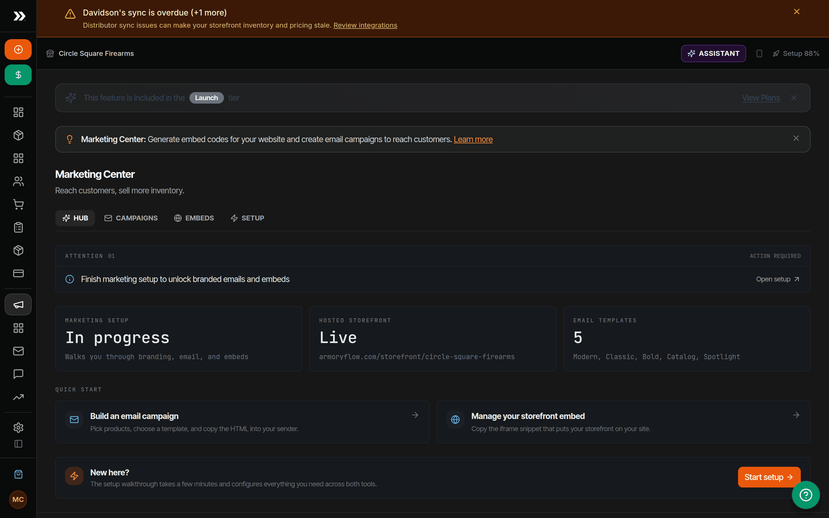ArmoryFlow Marketing Center with email campaigns and product selection