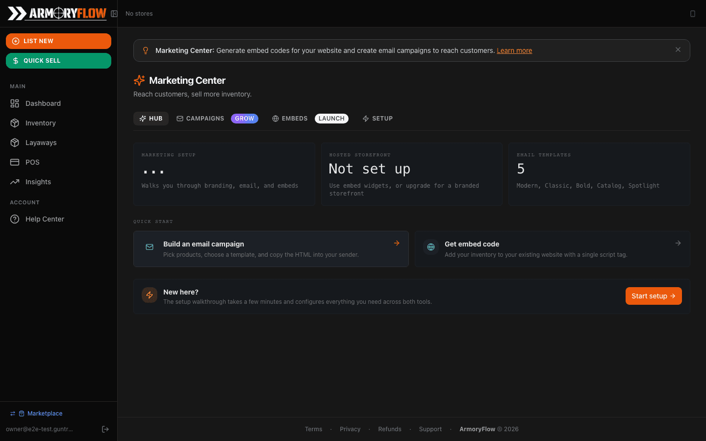 ArmoryFlow Marketing Center with email campaigns and product selection