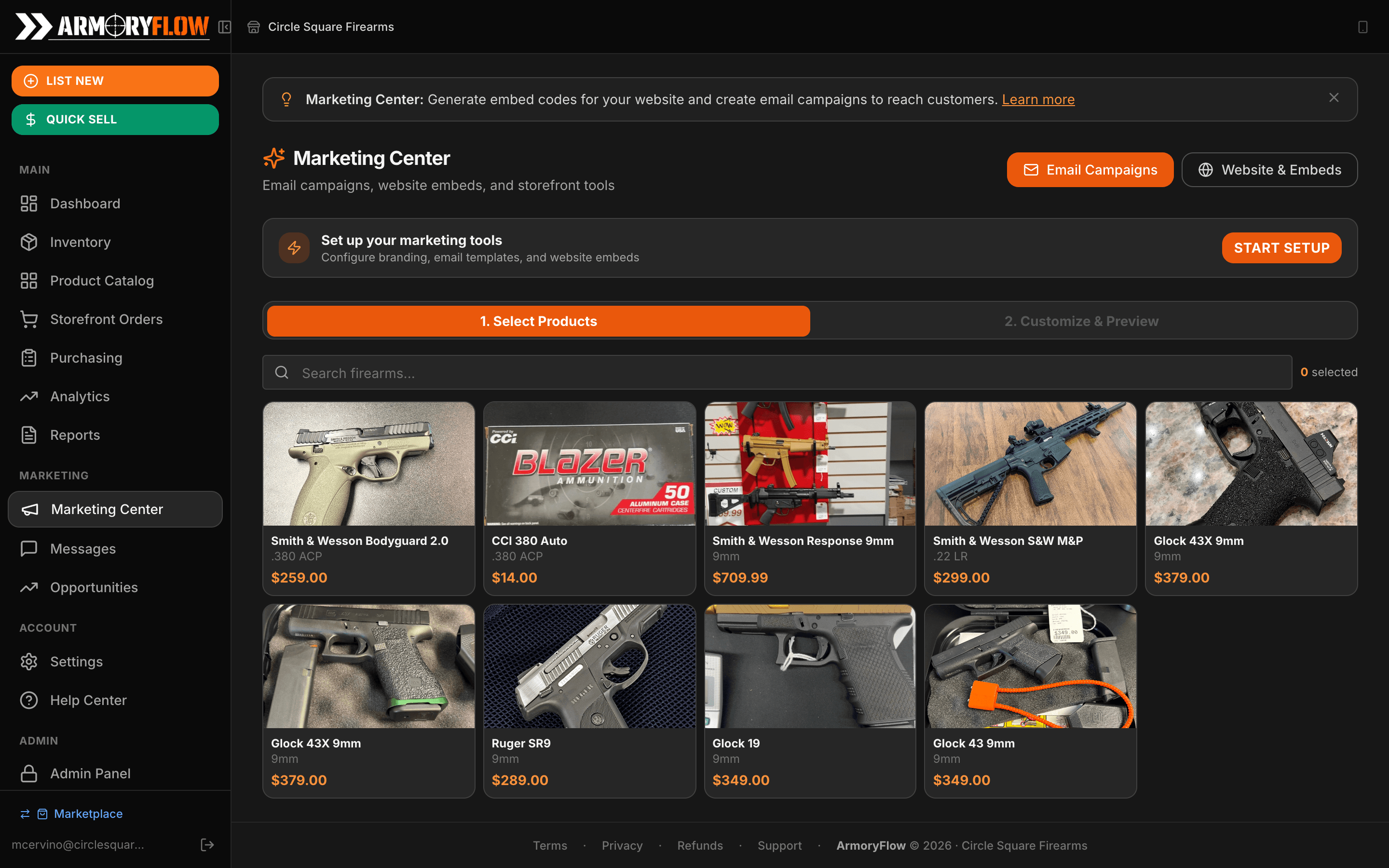 ArmoryFlow Marketing Center with email campaigns and product selection