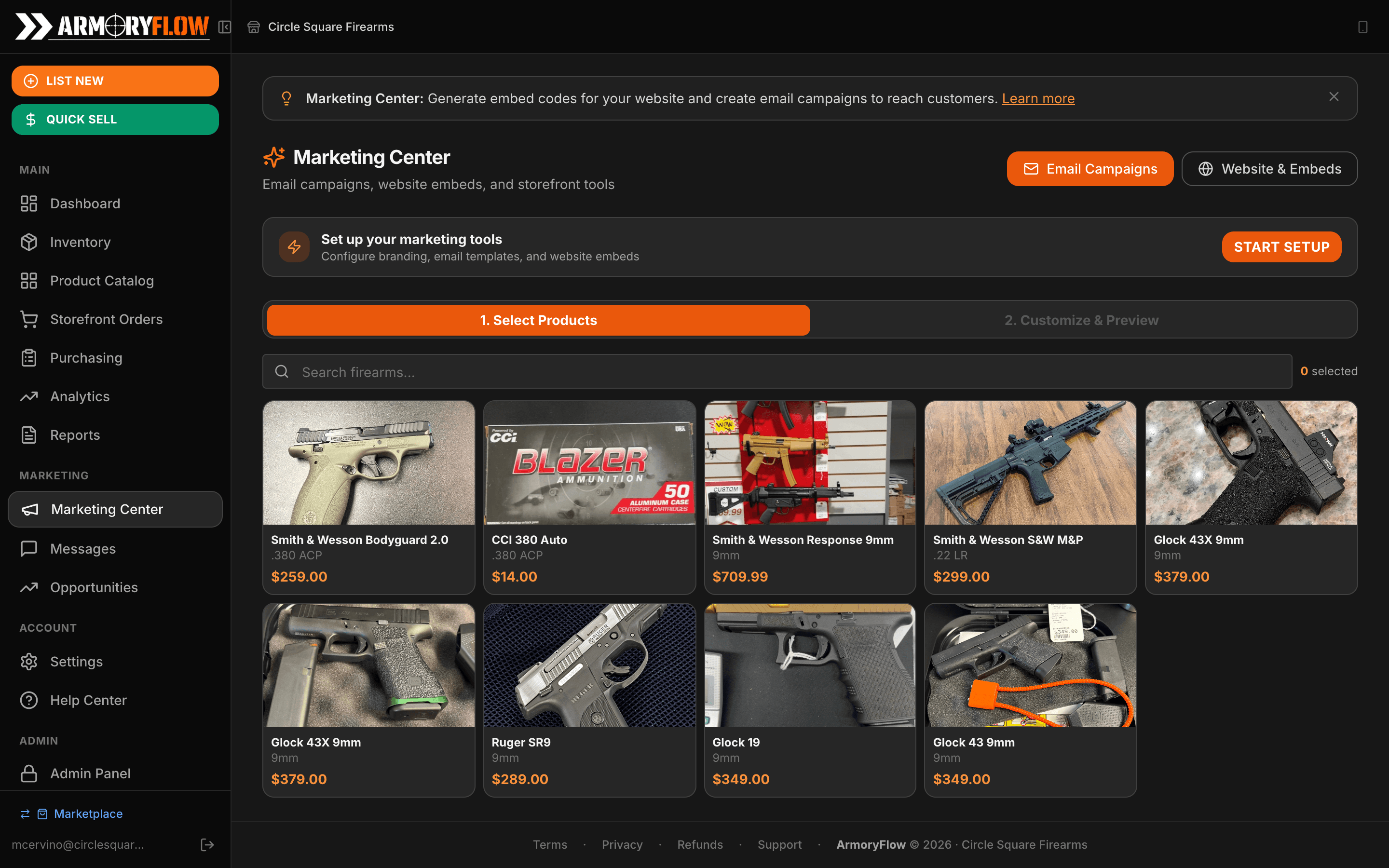 Email campaign templates with product selection