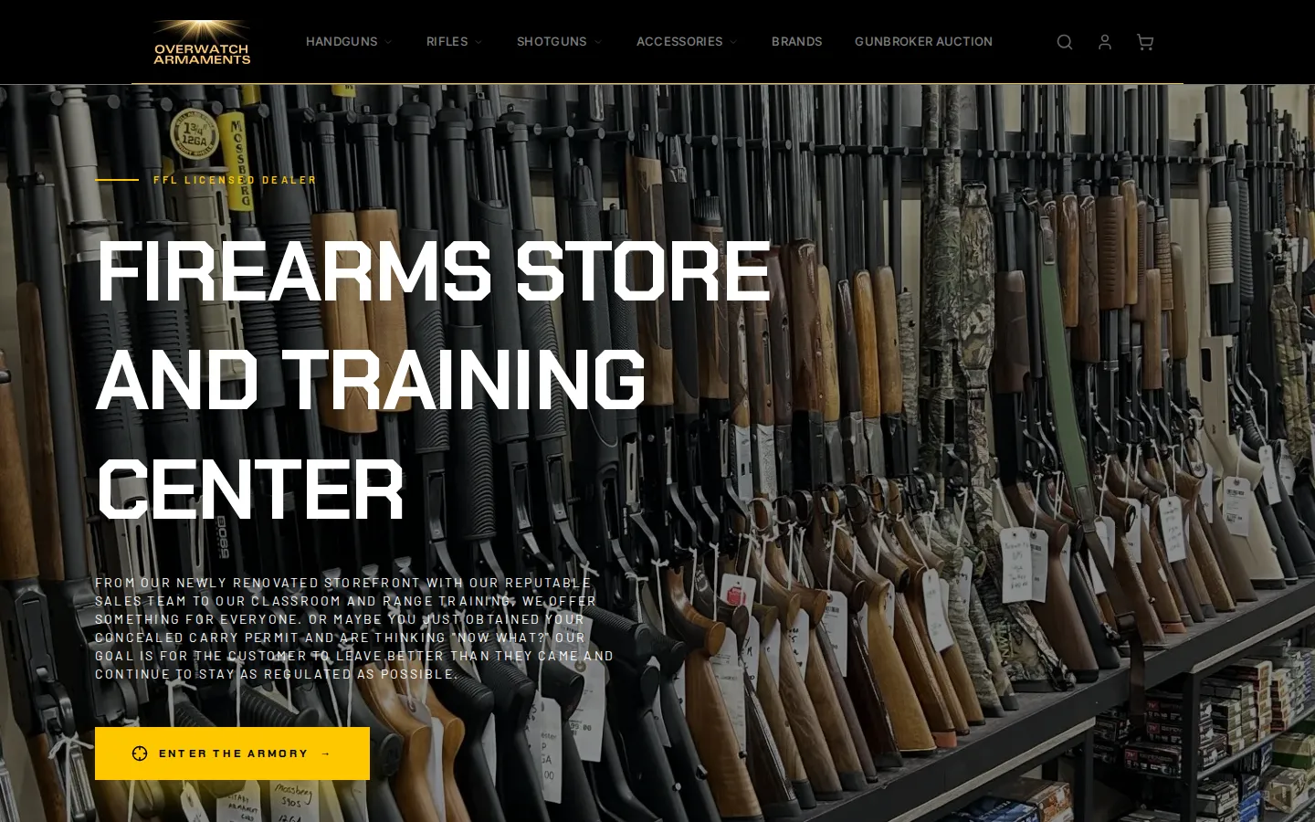 Overwatch Armaments homepage at overwatcharmaments.com, running on ArmoryFlow