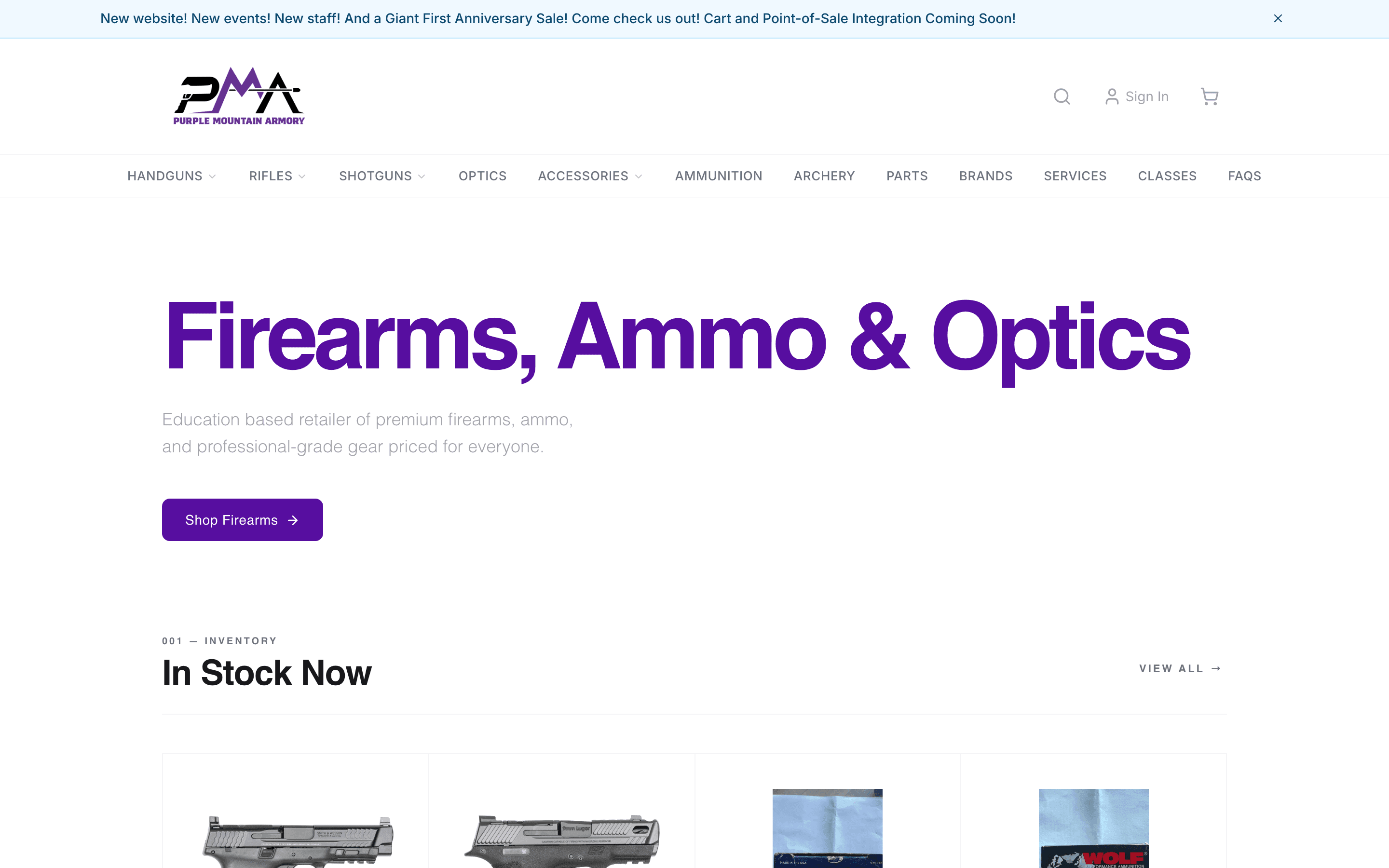 Purple Mountain Armory homepage running on ArmoryFlow at purplemtnarmory.com