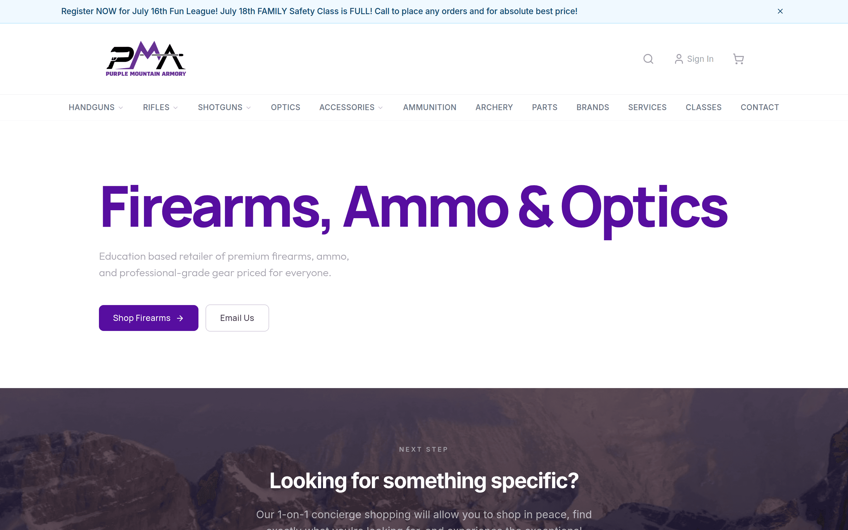 Purple Mountain Armory homepage running on ArmoryFlow at purplemtnarmory.com