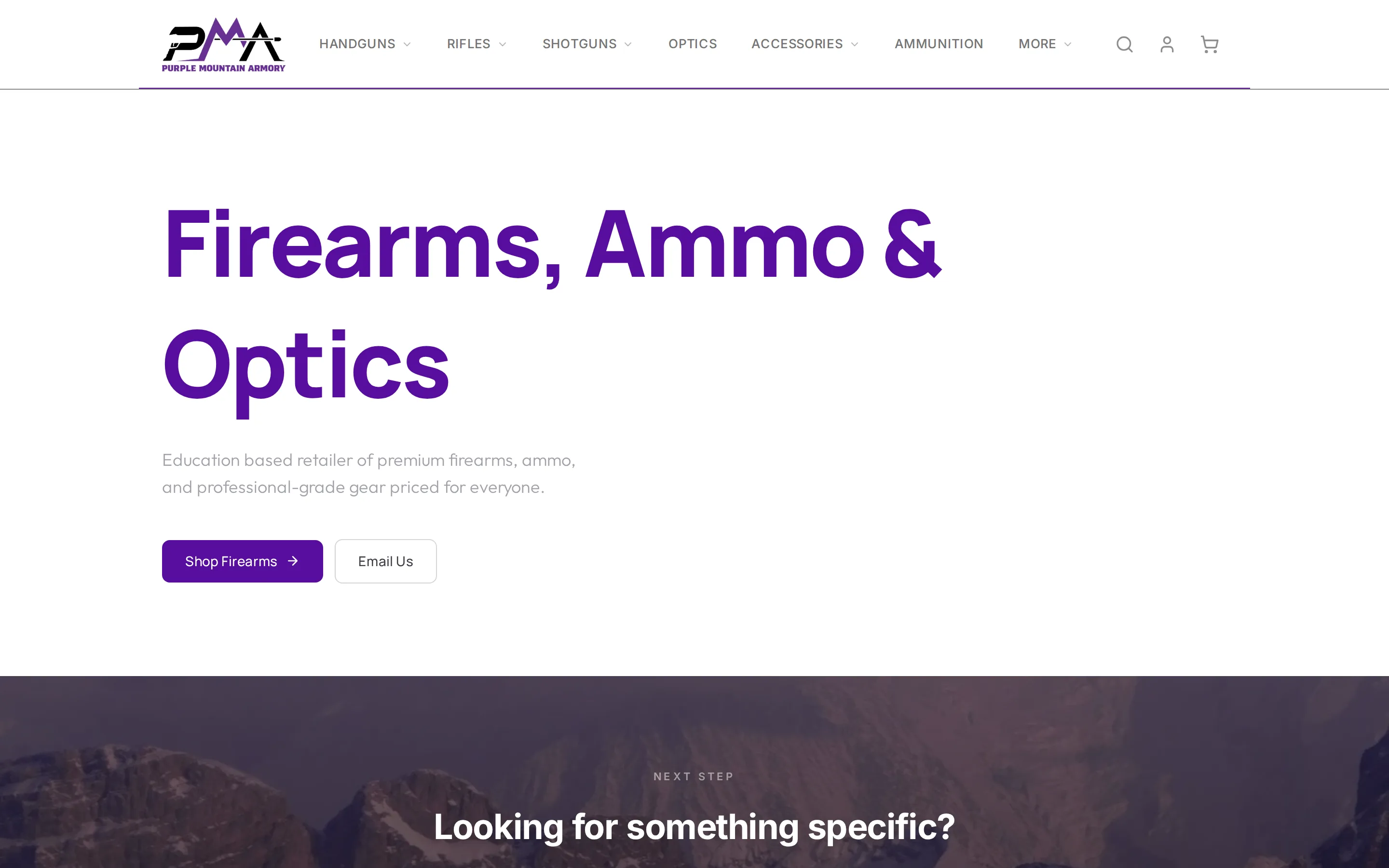 Purple Mountain Armory homepage at purplemtnarmory.com, running on ArmoryFlow