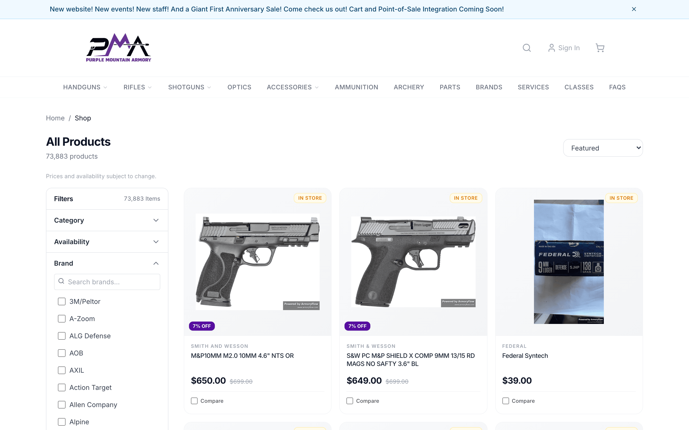 Live filter sidebar on Purple Mountain Armory's storefront: Category, Availability, and Brand facets, 73,883 products, with applied filters and Compare checkboxes