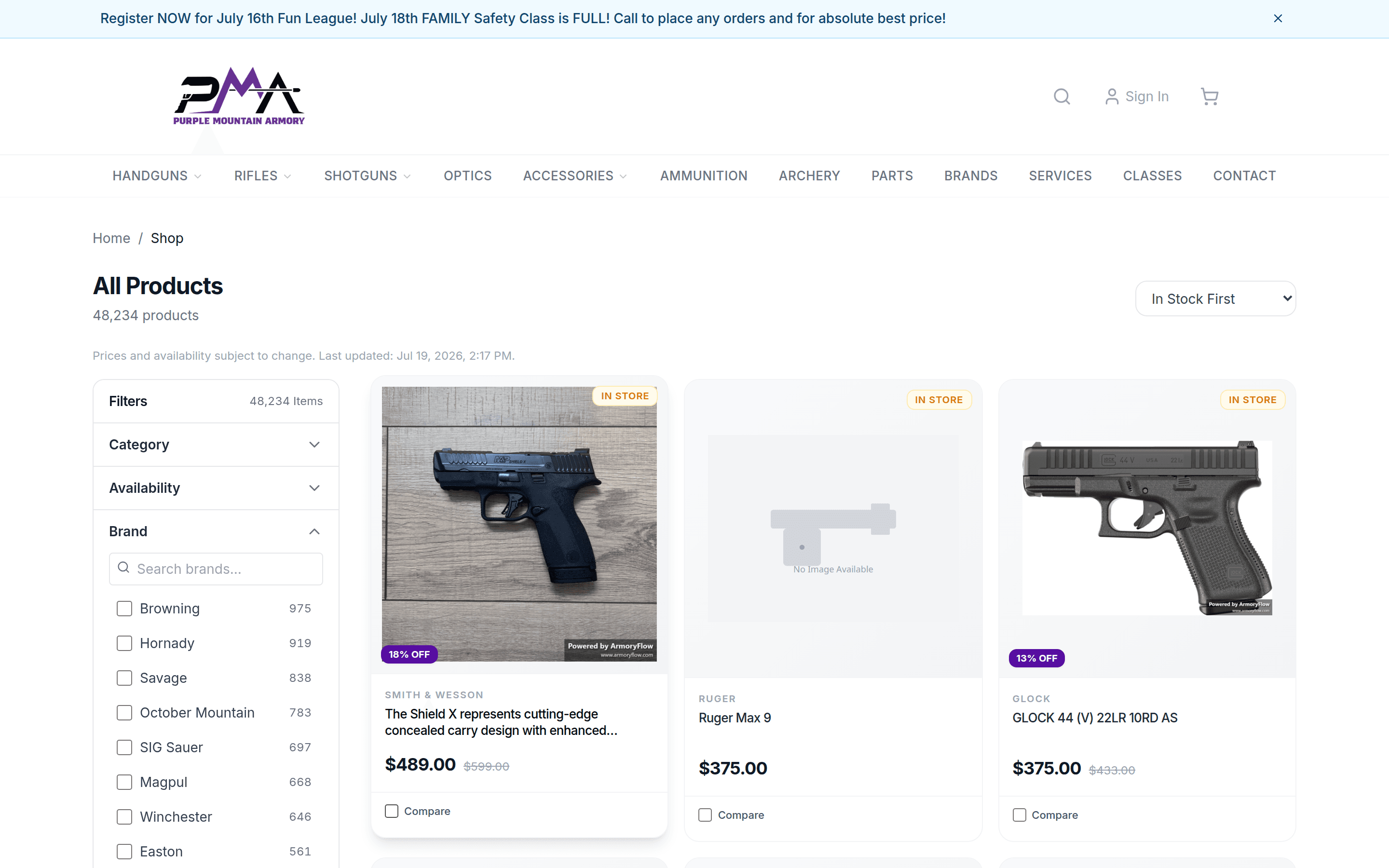Live filter sidebar on Purple Mountain Armory's storefront: Category, Availability, and Brand facets, 73,883 products, with applied filters and Compare checkboxes