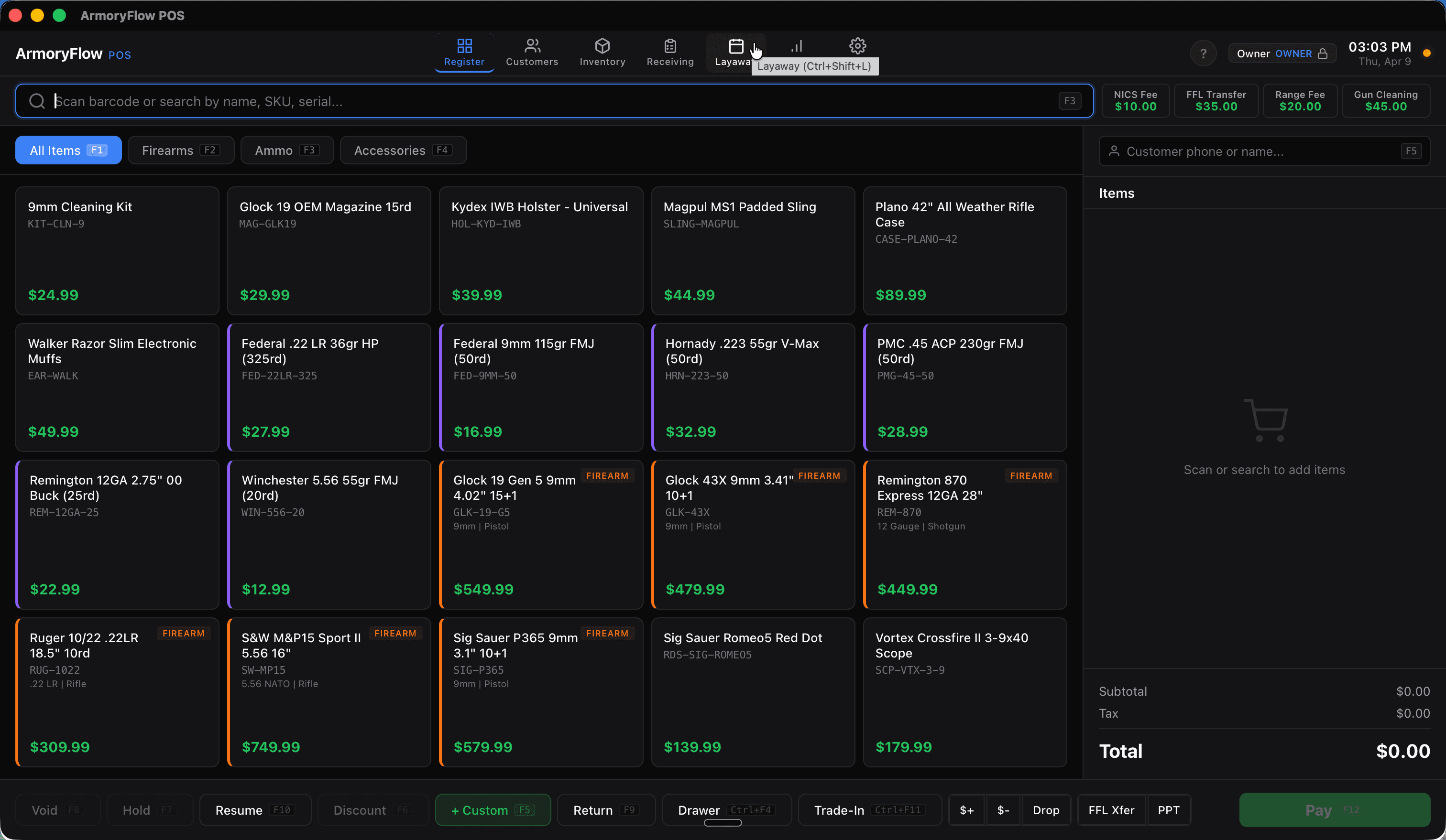 ArmoryFlow POS register with firearm product grid, cart, and FFL-specific checkout actions