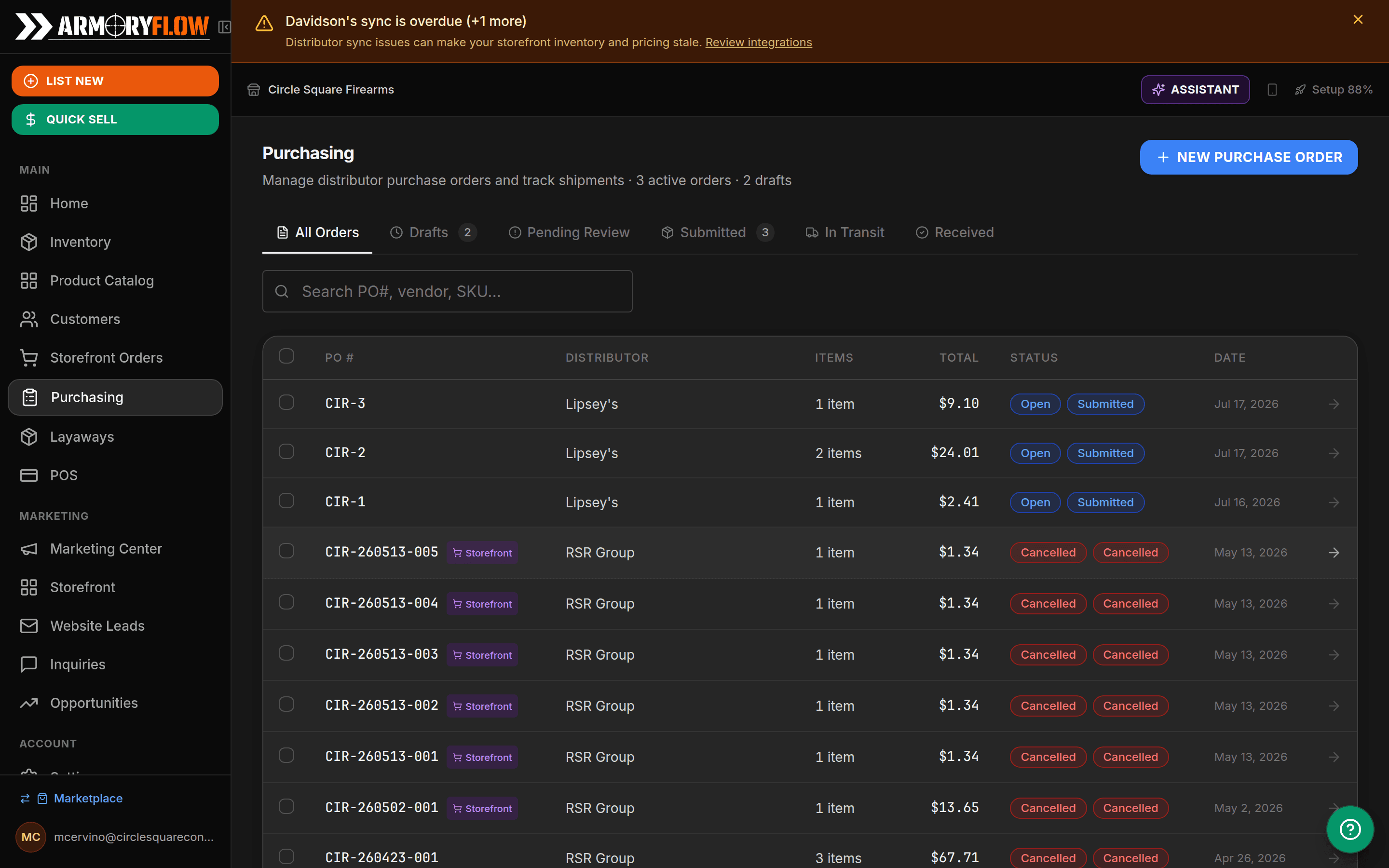 Purchase order management with status tracking