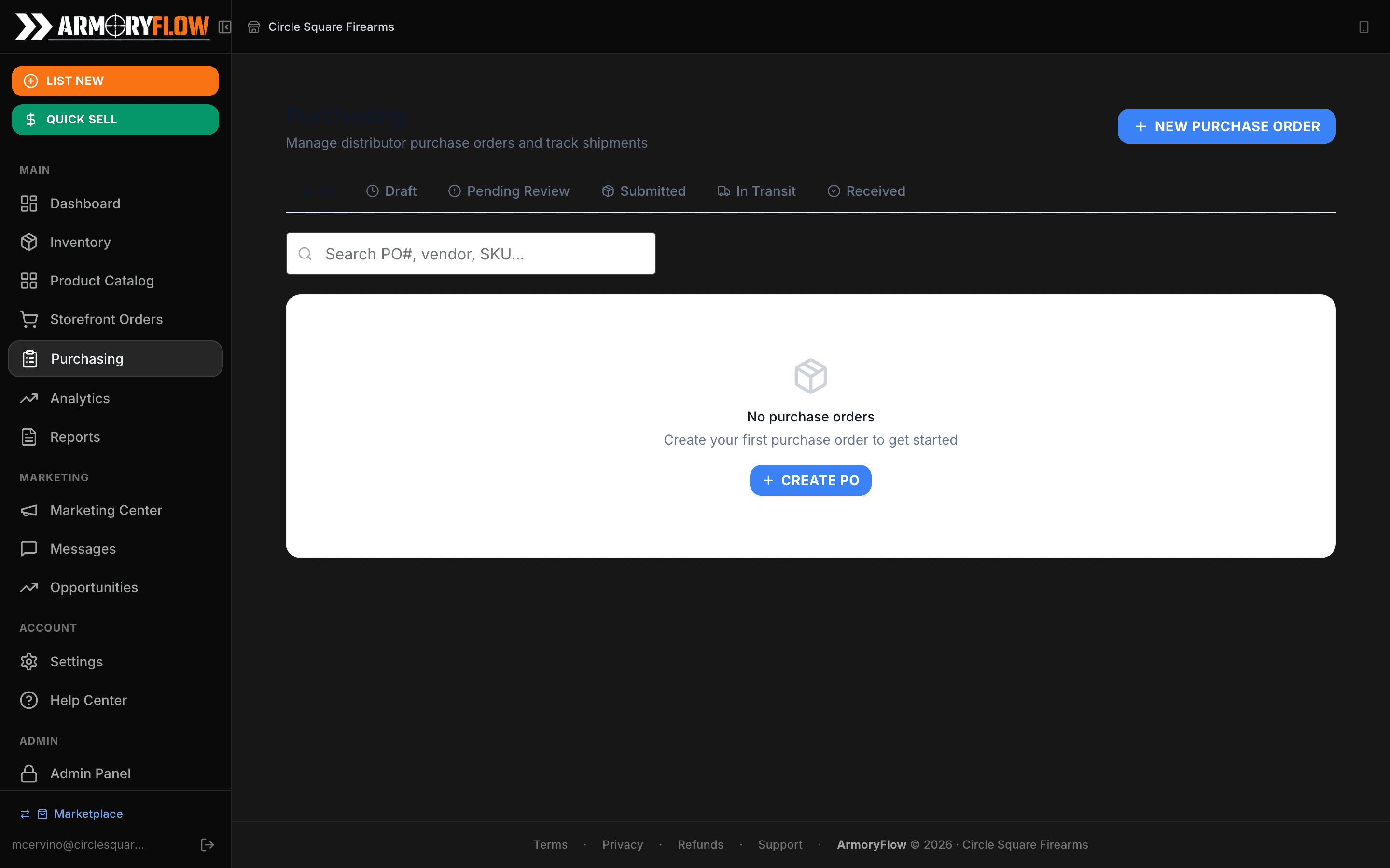 Purchase order management with status tracking