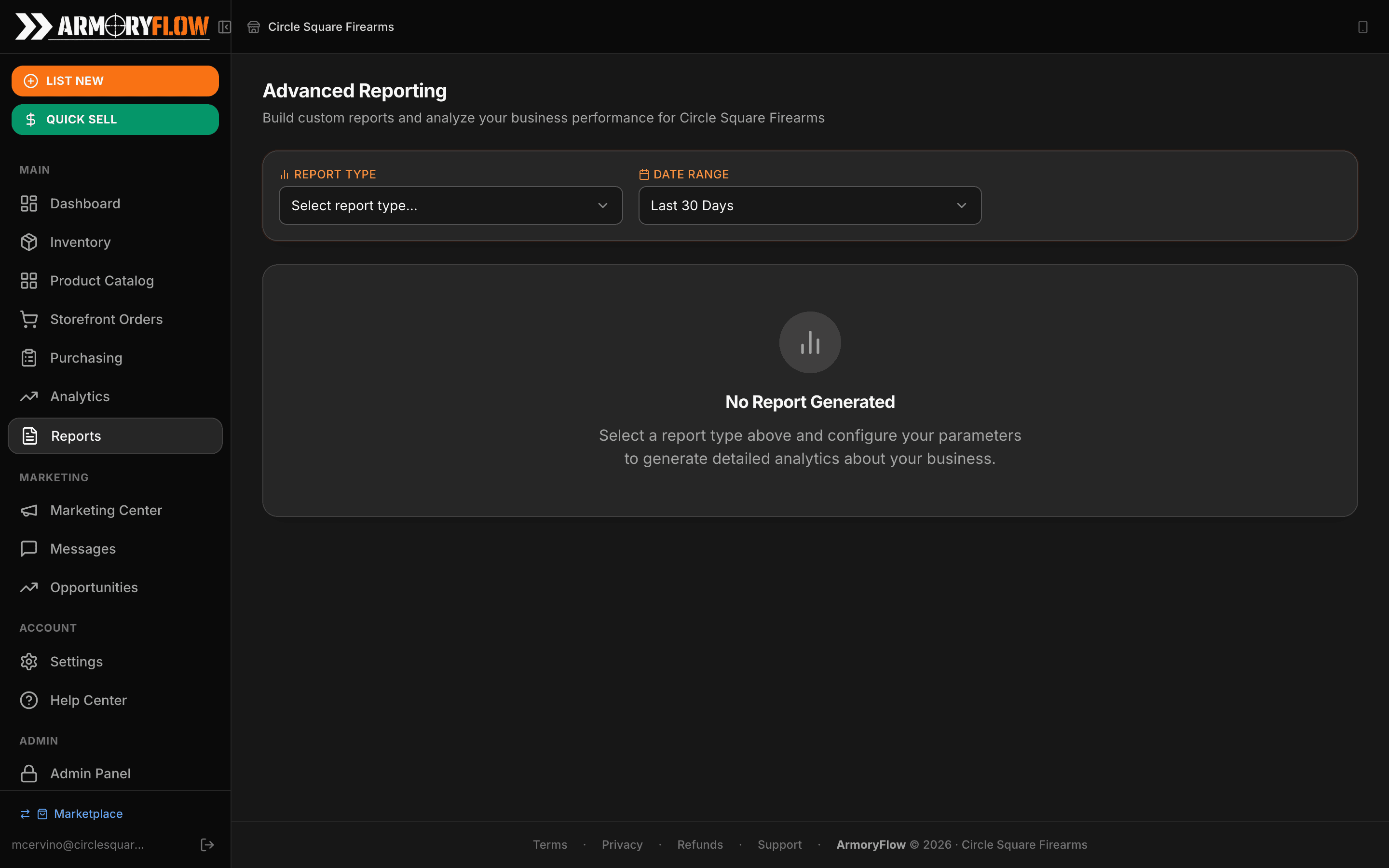 Reports view with CSV and PDF export controls