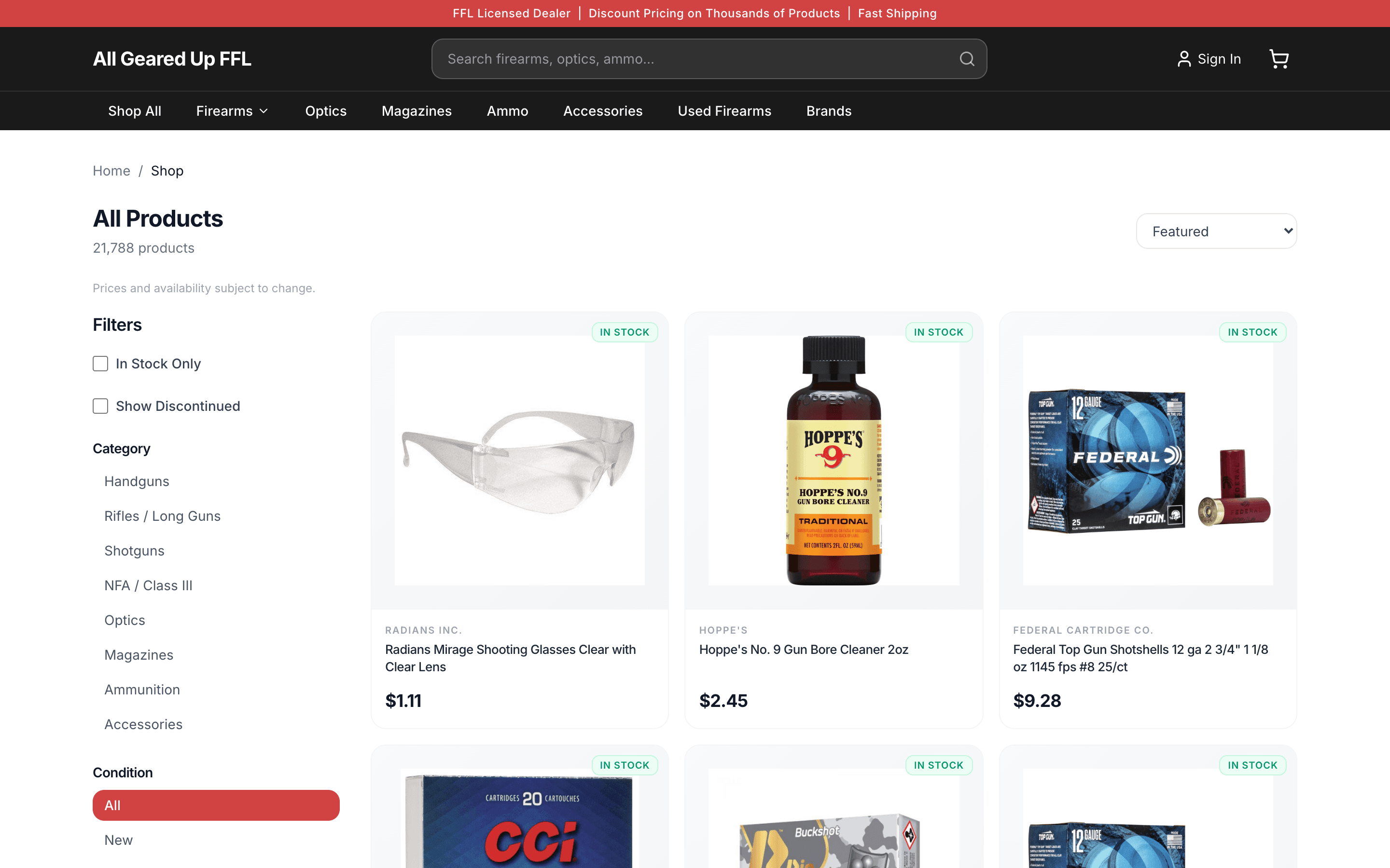 Storefront product catalog with filters and categories